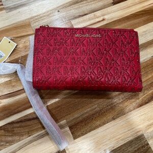 Michael Kors Red Jet Set Travel Double Zipper Wristlet Clutch purse